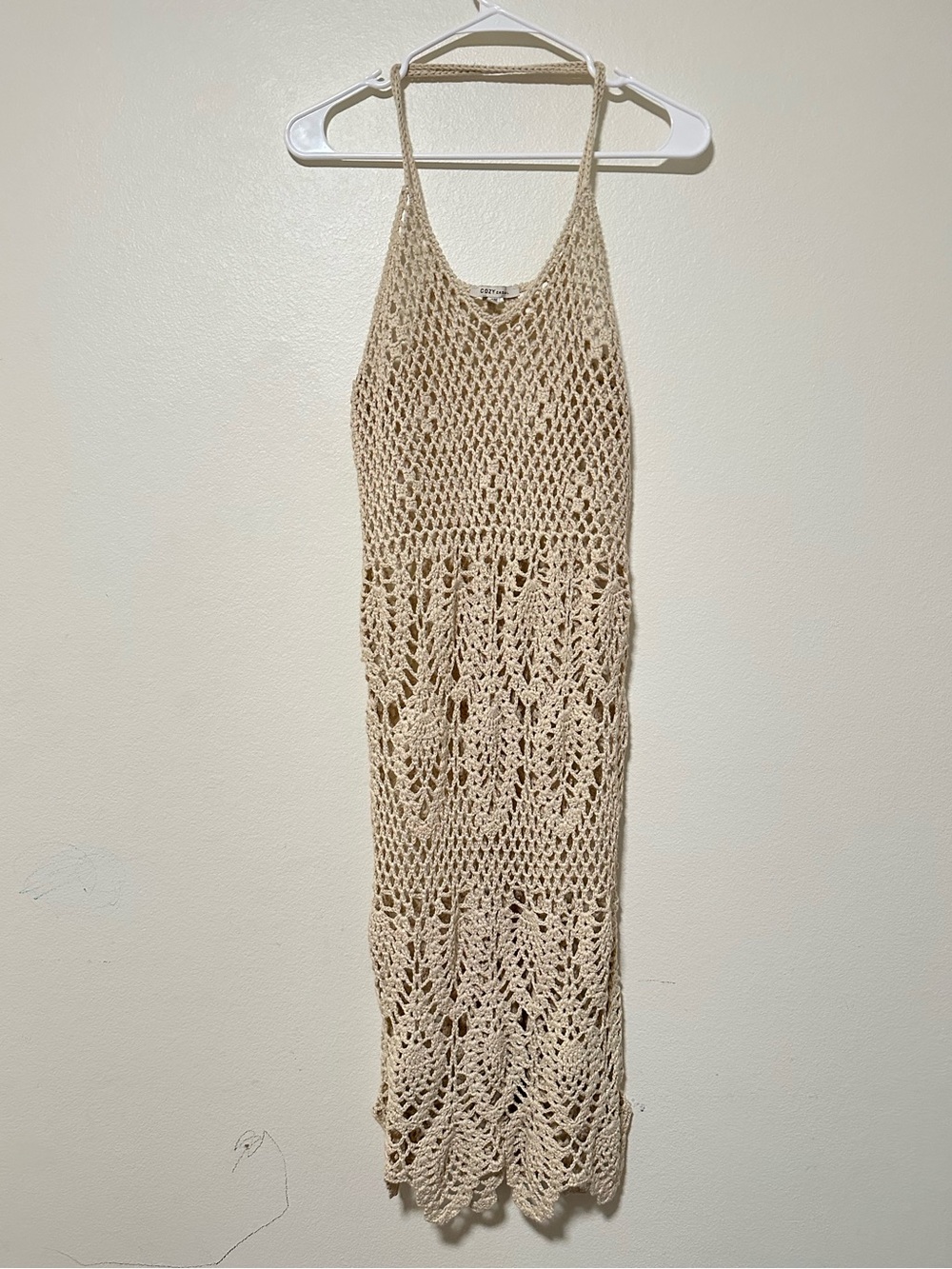 Cozy Casual Crochet Knit Midi Dress in Beige